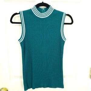 Vintage 60s/70s Mock Neck Ribbed Shell Top S/M Teal/White Stripe